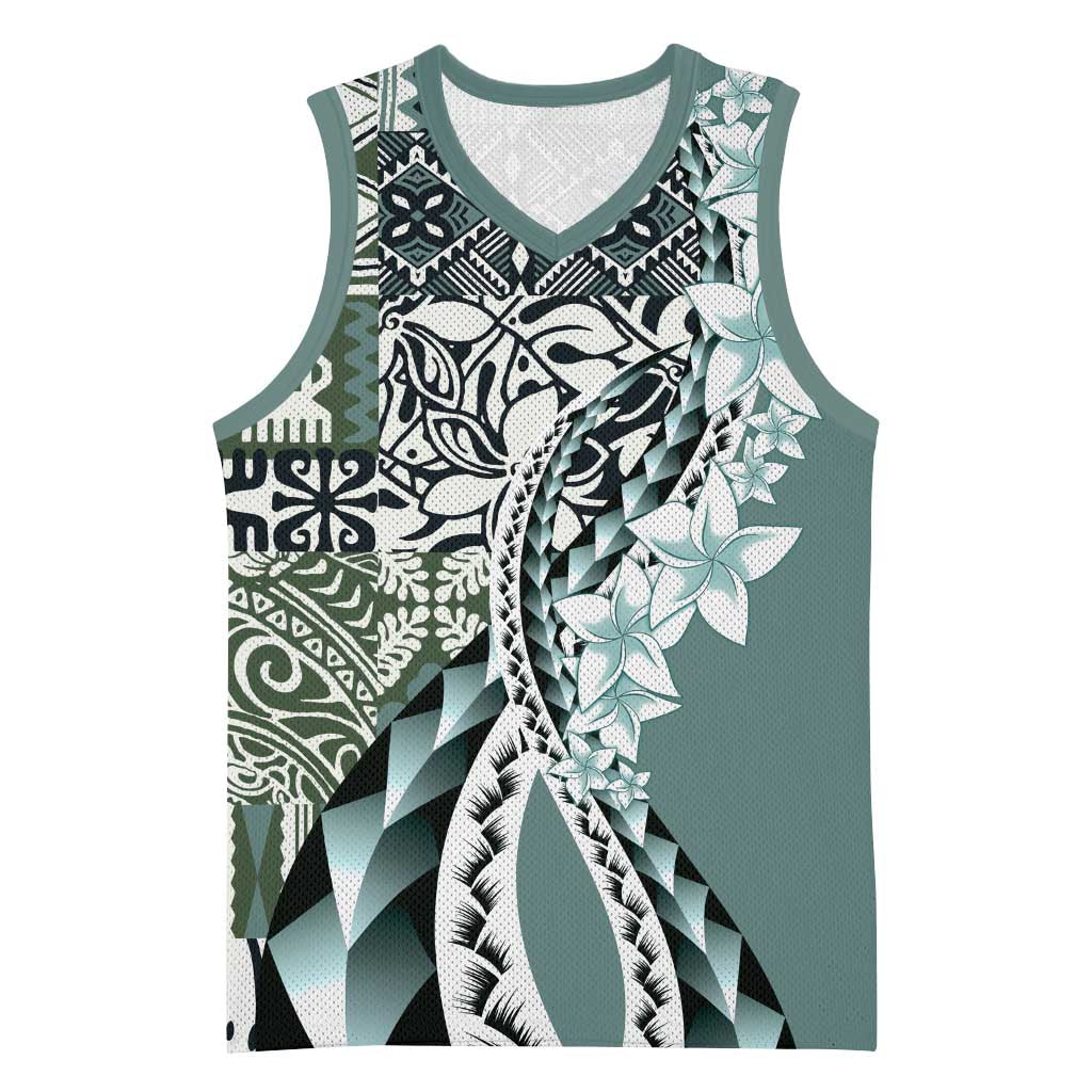 Aloha Vintage Plumeria Hawaiian Tapa Pattern Basketball Jersey Dark Turquoise Hawaiian Tapa Pattern - Polynesian Pride