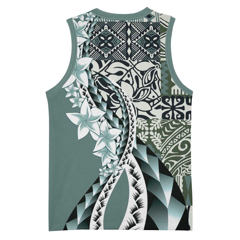 Aloha Vintage Plumeria Hawaiian Tapa Pattern Basketball Jersey Dark Turquoise Hawaiian Tapa Pattern - Polynesian Pride