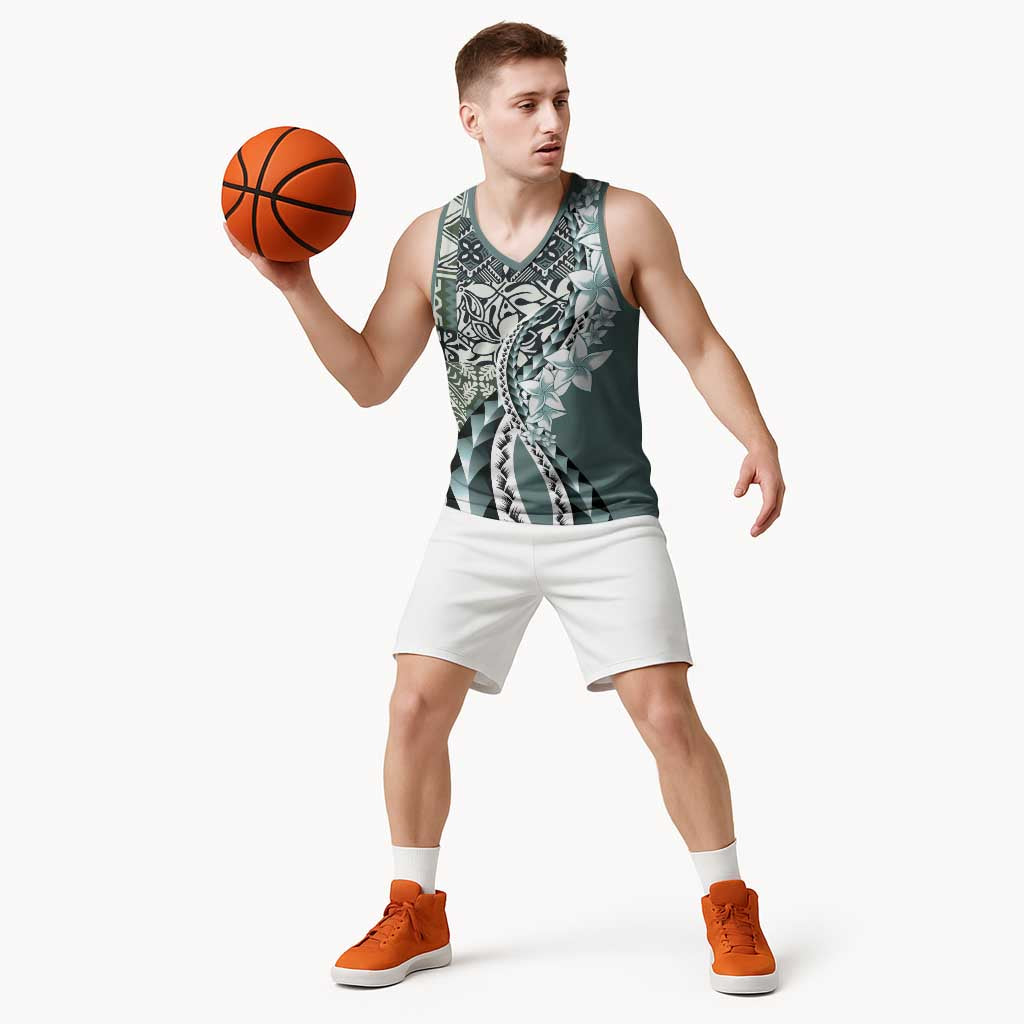 Aloha Vintage Plumeria Hawaiian Tapa Pattern Basketball Jersey Dark Turquoise Hawaiian Tapa Pattern - Polynesian Pride