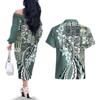 Aloha Vintage Plumeria Hawaiian Tapa Pattern Couples Matching Off The Shoulder Long Sleeve Dress and Hawaiian Shirt Dark Turquoise Hawaiian Tapa Pattern LT9 - Polynesian Pride