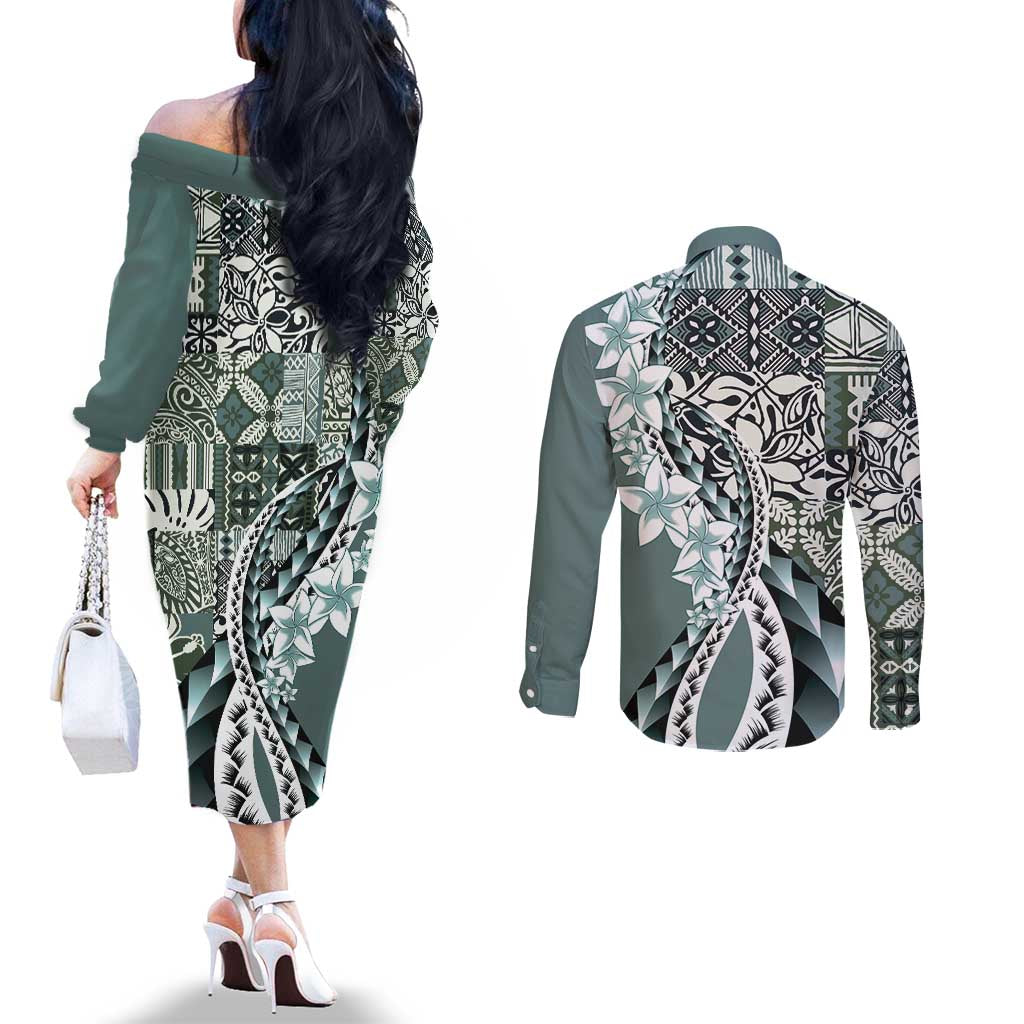 Aloha Vintage Plumeria Hawaiian Tapa Pattern Couples Matching Off The Shoulder Long Sleeve Dress and Long Sleeve Button Shirt Dark Turquoise Hawaiian Tapa Pattern - Polynesian Pride