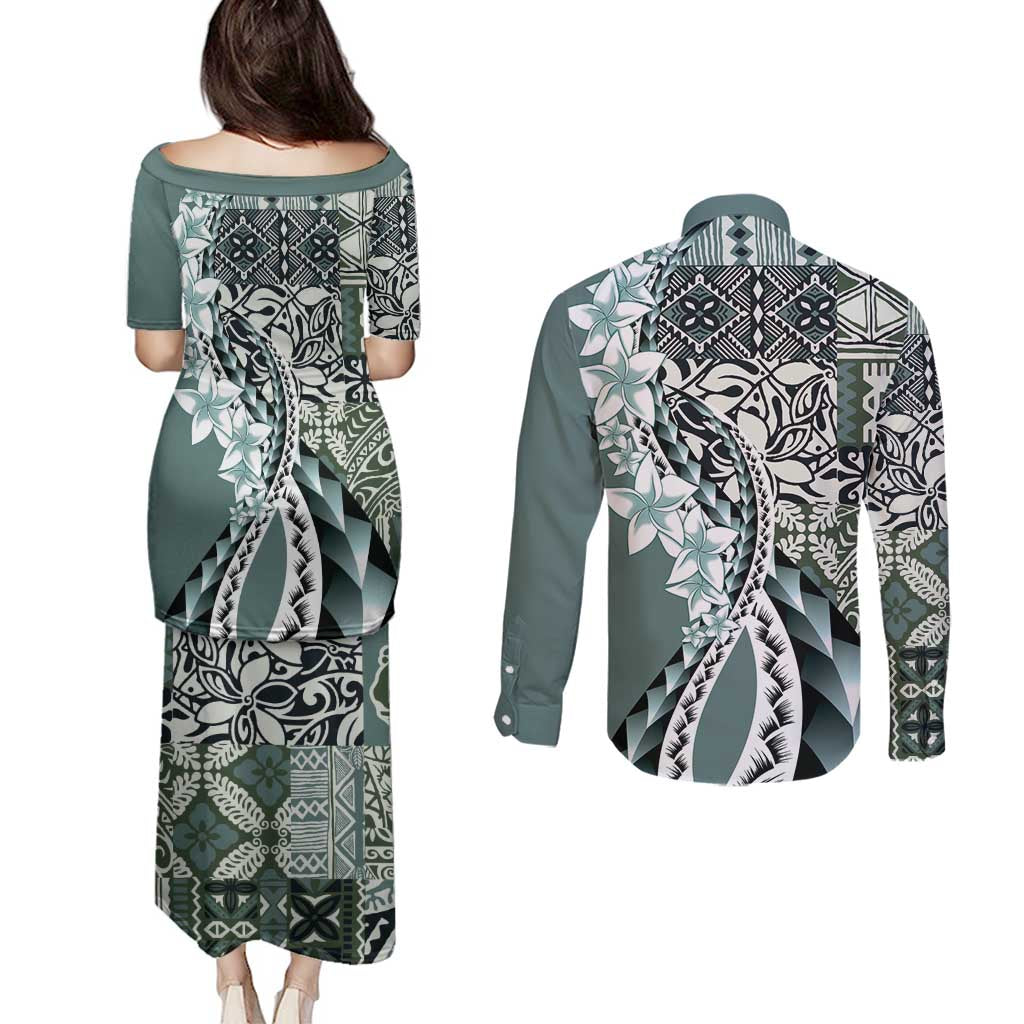 Aloha Vintage Plumeria Hawaiian Tapa Pattern Couples Matching Puletasi and Long Sleeve Button Shirt Dark Turquoise Hawaiian Tapa Pattern - Polynesian Pride