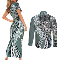 Aloha Vintage Plumeria Hawaiian Tapa Pattern Couples Matching Short Sleeve Bodycon Dress and Long Sleeve Button Shirt Dark Turquoise Hawaiian Tapa Pattern - Polynesian Pride