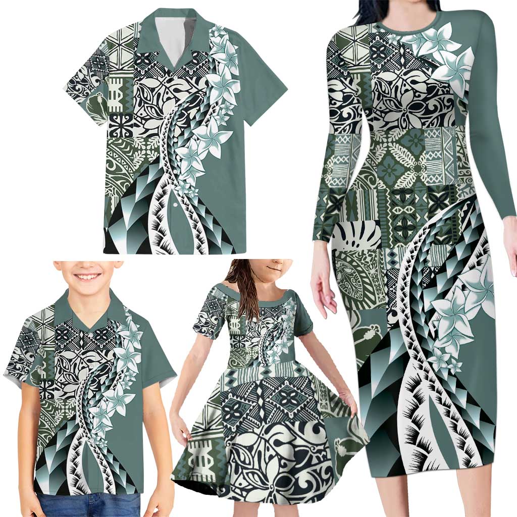 Aloha Vintage Plumeria Hawaiian Tapa Pattern Family Matching Long Sleeve Bodycon Dress and Hawaiian Shirt Dark Turquoise Hawaiian Tapa Pattern LT9 - Polynesian Pride