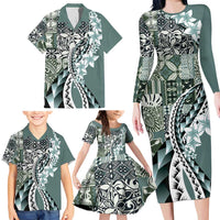 Aloha Vintage Plumeria Hawaiian Tapa Pattern Family Matching Long Sleeve Bodycon Dress and Hawaiian Shirt Dark Turquoise Hawaiian Tapa Pattern LT9 - Polynesian Pride