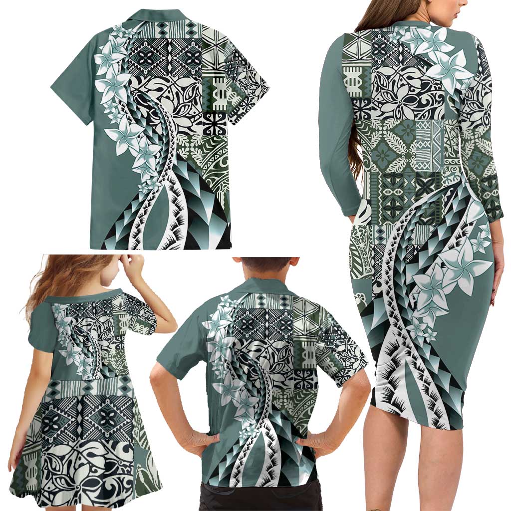 Aloha Vintage Plumeria Hawaiian Tapa Pattern Family Matching Long Sleeve Bodycon Dress and Hawaiian Shirt Dark Turquoise Hawaiian Tapa Pattern LT9 - Polynesian Pride