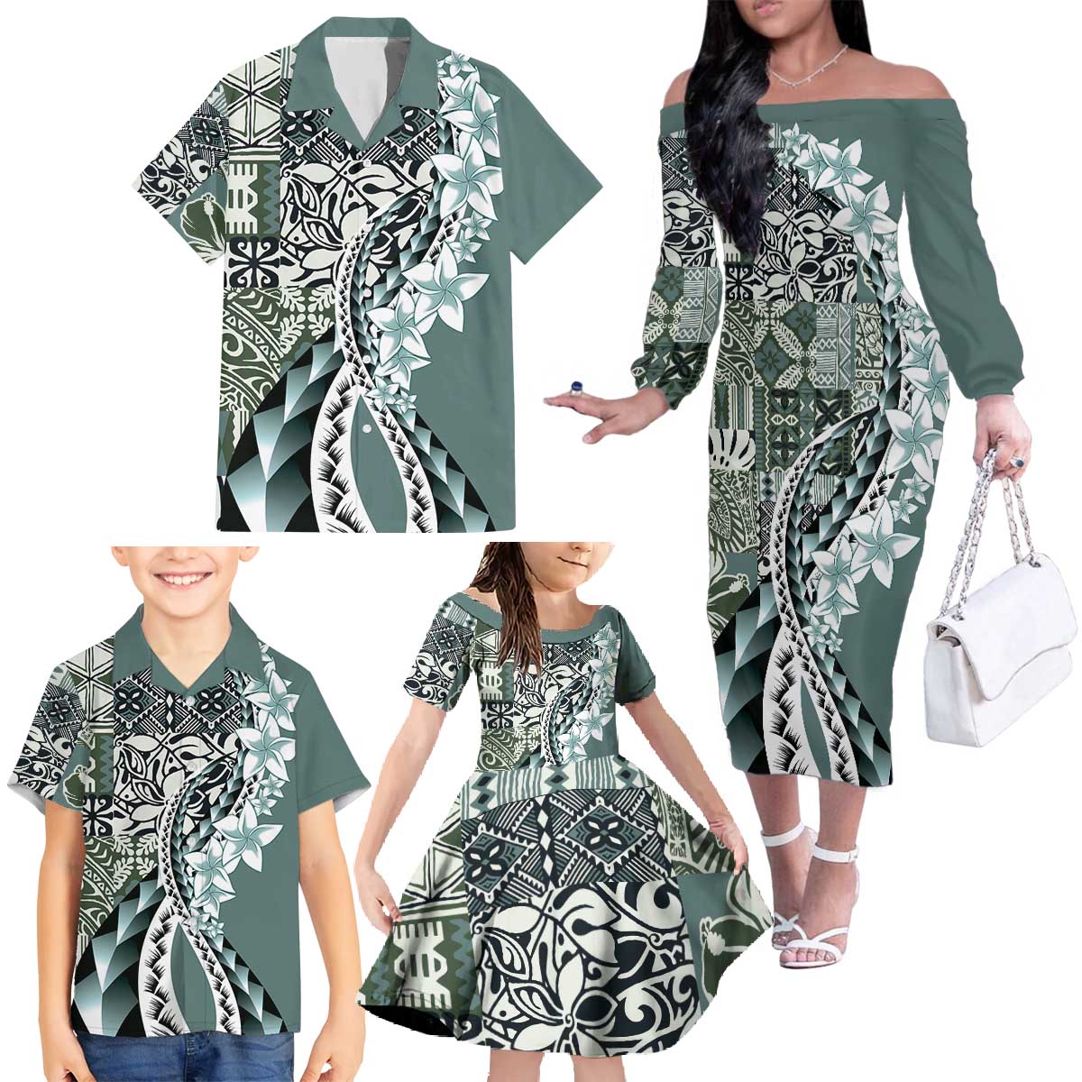 Aloha Vintage Plumeria Hawaiian Tapa Pattern Family Matching Off The Shoulder Long Sleeve Dress and Hawaiian Shirt Dark Turquoise Hawaiian Tapa Pattern LT9 - Polynesian Pride