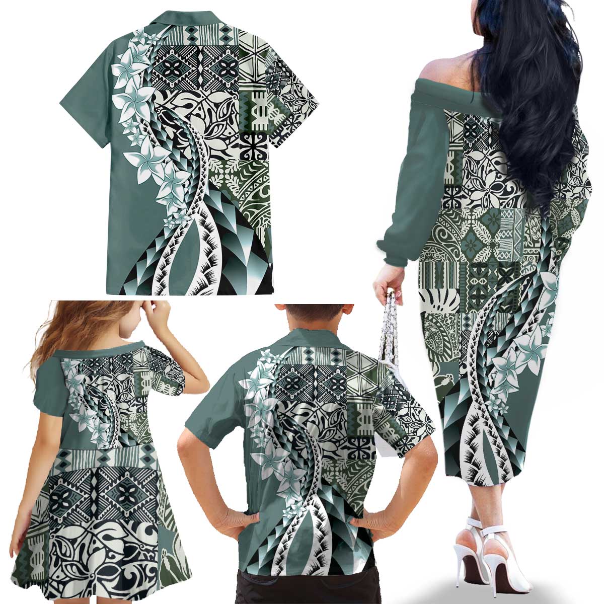 Aloha Vintage Plumeria Hawaiian Tapa Pattern Family Matching Off The Shoulder Long Sleeve Dress and Hawaiian Shirt Dark Turquoise Hawaiian Tapa Pattern LT9 - Polynesian Pride