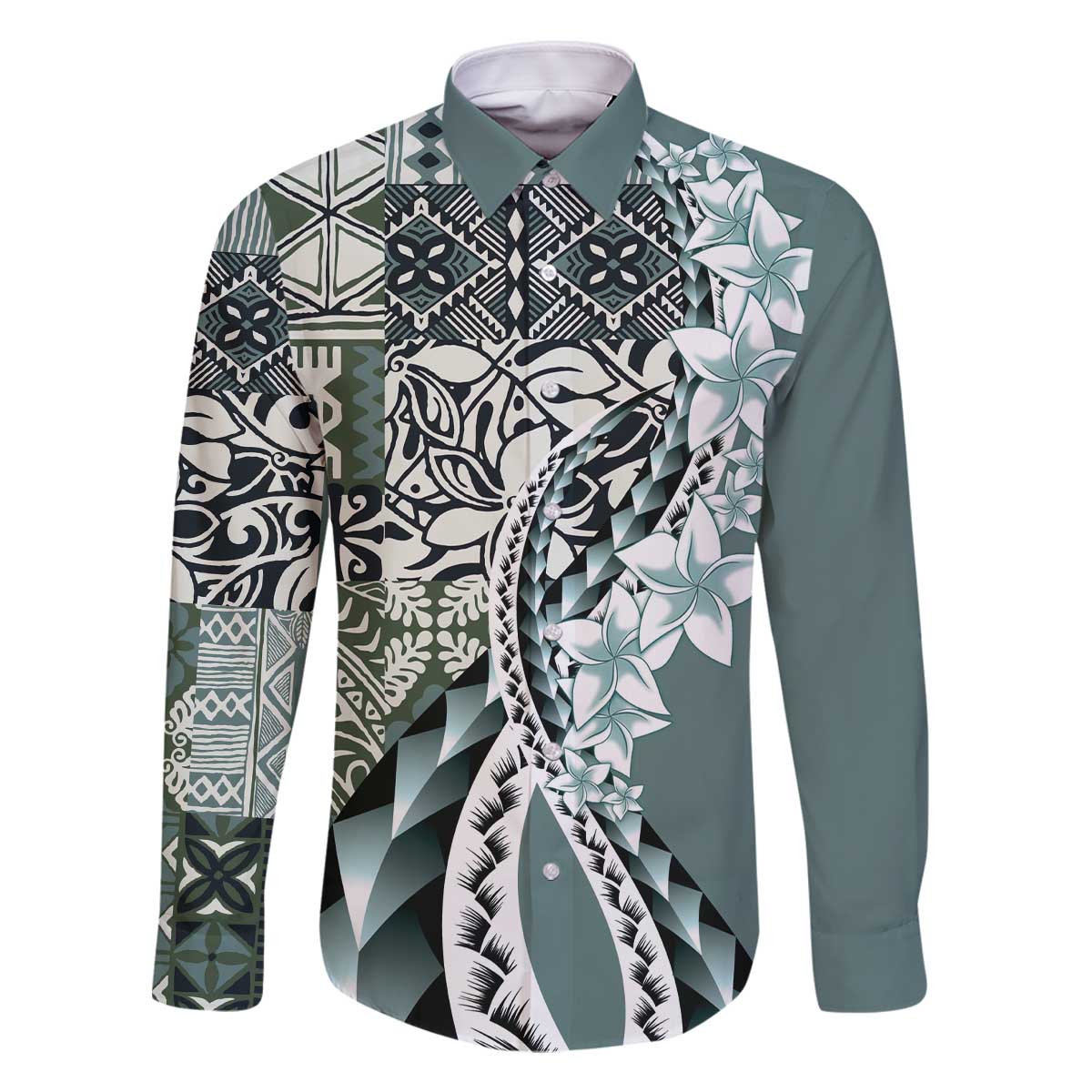 Aloha Vintage Plumeria Hawaiian Tapa Pattern Family Matching Off The Shoulder Long Sleeve Dress and Hawaiian Shirt Dark Turquoise Hawaiian Tapa Pattern LT9 Dad's Shirt - Long Sleeve Turquoise - Polynesian Pride