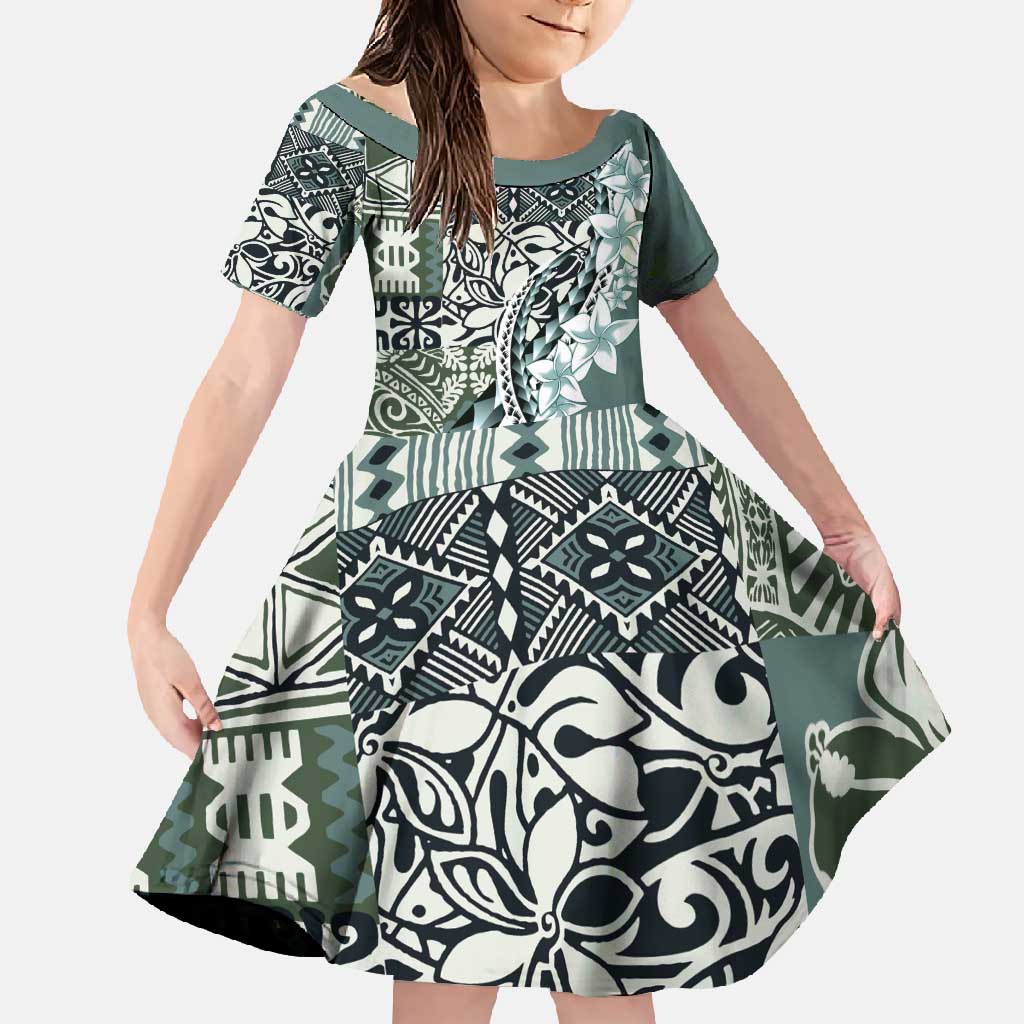 Aloha Vintage Plumeria Hawaiian Tapa Pattern Family Matching Off Shoulder Maxi Dress and Hawaiian Shirt Dark Turquoise Hawaiian Tapa Pattern LT9 Daughter's Dress Turquoise - Polynesian Pride