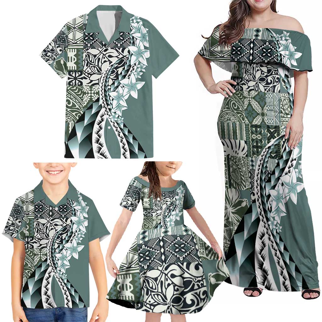 Aloha Vintage Plumeria Hawaiian Tapa Pattern Family Matching Off Shoulder Maxi Dress and Hawaiian Shirt Dark Turquoise Hawaiian Tapa Pattern LT9 - Polynesian Pride