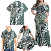 Aloha Vintage Plumeria Hawaiian Tapa Pattern Family Matching Off Shoulder Maxi Dress and Hawaiian Shirt Dark Turquoise Hawaiian Tapa Pattern LT9 - Polynesian Pride