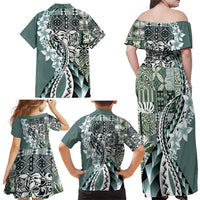 Aloha Vintage Plumeria Hawaiian Tapa Pattern Family Matching Off Shoulder Maxi Dress and Hawaiian Shirt Dark Turquoise Hawaiian Tapa Pattern LT9 - Polynesian Pride