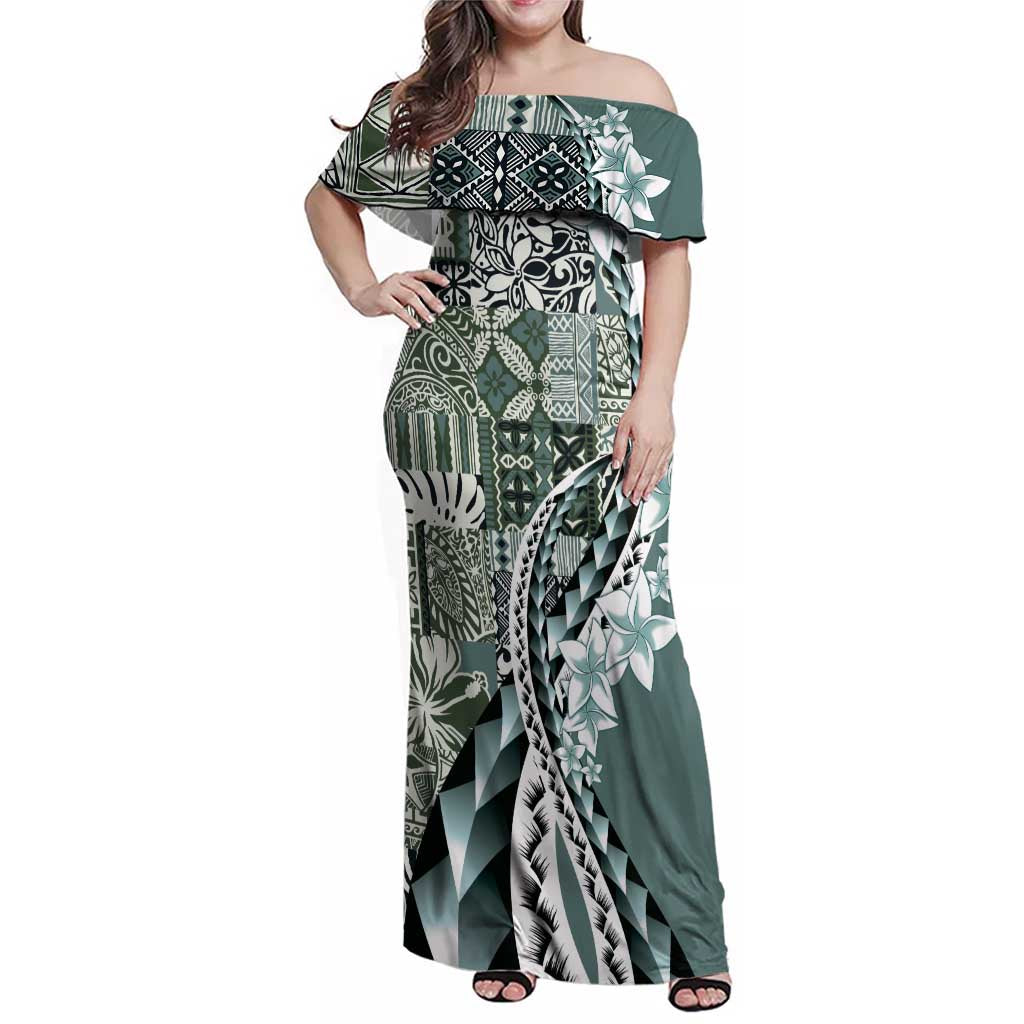 Aloha Vintage Plumeria Hawaiian Tapa Pattern Family Matching Off Shoulder Maxi Dress and Hawaiian Shirt Dark Turquoise Hawaiian Tapa Pattern LT9 Mom's Dress Turquoise - Polynesian Pride