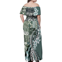 Aloha Vintage Plumeria Hawaiian Tapa Pattern Family Matching Off Shoulder Maxi Dress and Hawaiian Shirt Dark Turquoise Hawaiian Tapa Pattern LT9 - Polynesian Pride