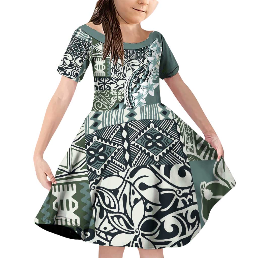 Aloha Vintage Plumeria Hawaiian Tapa Pattern Family Matching Off Shoulder Short Dress and Hawaiian Shirt Dark Turquoise Hawaiian Tapa Pattern LT9 Daughter's Dress Turquoise - Polynesian Pride