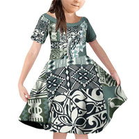 Aloha Vintage Plumeria Hawaiian Tapa Pattern Family Matching Off Shoulder Short Dress and Hawaiian Shirt Dark Turquoise Hawaiian Tapa Pattern LT9 Daughter's Dress Turquoise - Polynesian Pride