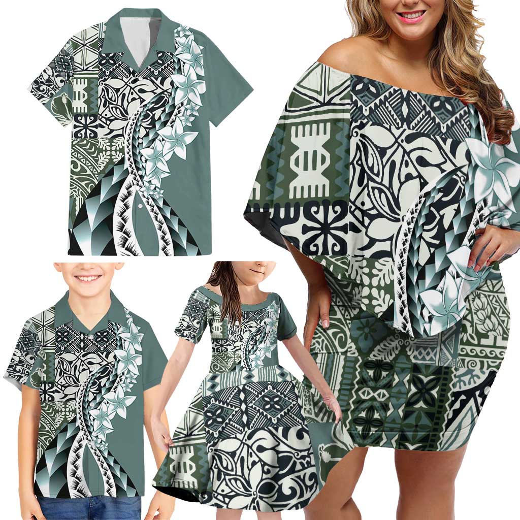 Aloha Vintage Plumeria Hawaiian Tapa Pattern Family Matching Off Shoulder Short Dress and Hawaiian Shirt Dark Turquoise Hawaiian Tapa Pattern LT9 - Polynesian Pride