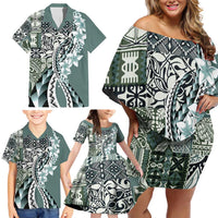 Aloha Vintage Plumeria Hawaiian Tapa Pattern Family Matching Off Shoulder Short Dress and Hawaiian Shirt Dark Turquoise Hawaiian Tapa Pattern LT9 - Polynesian Pride