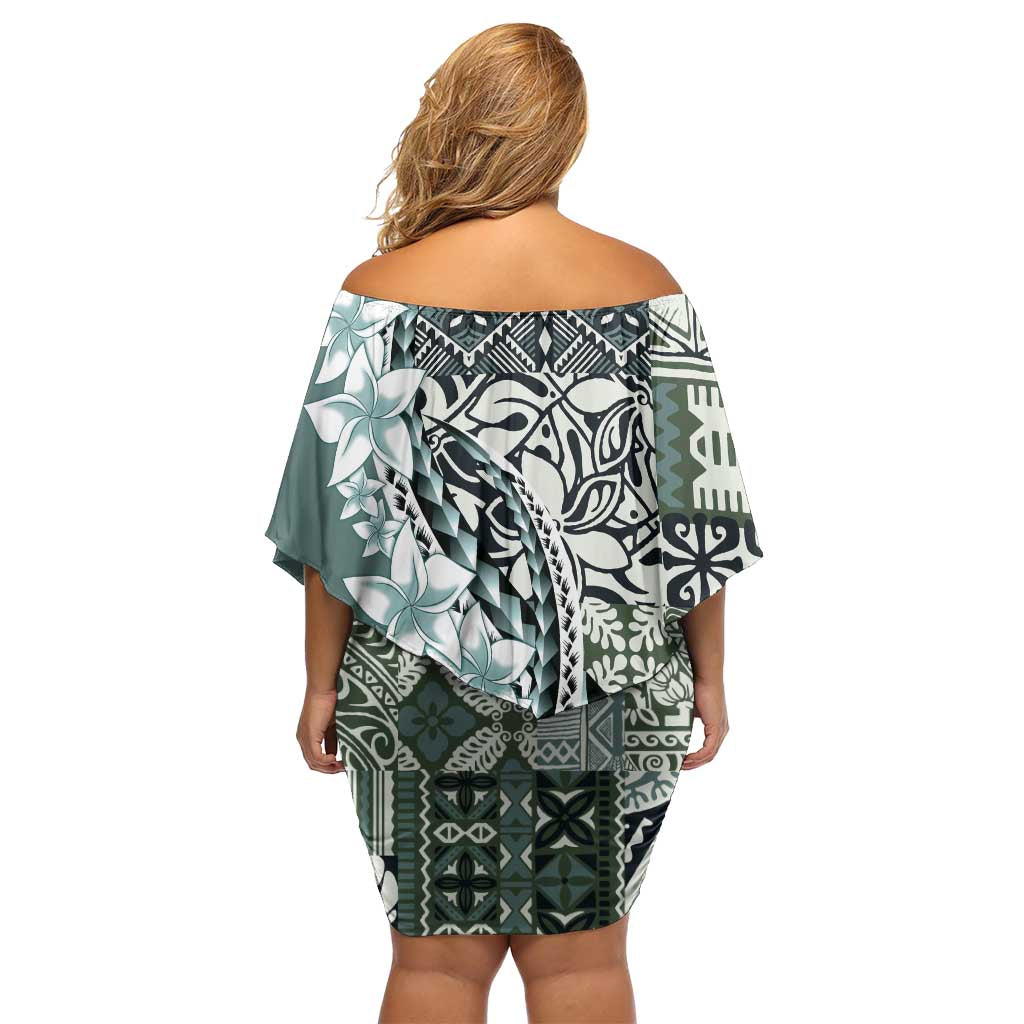 Aloha Vintage Plumeria Hawaiian Tapa Pattern Family Matching Off Shoulder Short Dress and Hawaiian Shirt Dark Turquoise Hawaiian Tapa Pattern LT9 - Polynesian Pride