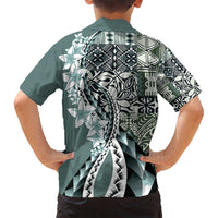 Aloha Vintage Plumeria Hawaiian Tapa Pattern Family Matching Puletasi and Hawaiian Shirt Dark Turquoise Hawaiian Tapa Pattern LT9 - Polynesian Pride