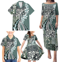 Aloha Vintage Plumeria Hawaiian Tapa Pattern Family Matching Puletasi and Hawaiian Shirt Dark Turquoise Hawaiian Tapa Pattern LT9 - Polynesian Pride