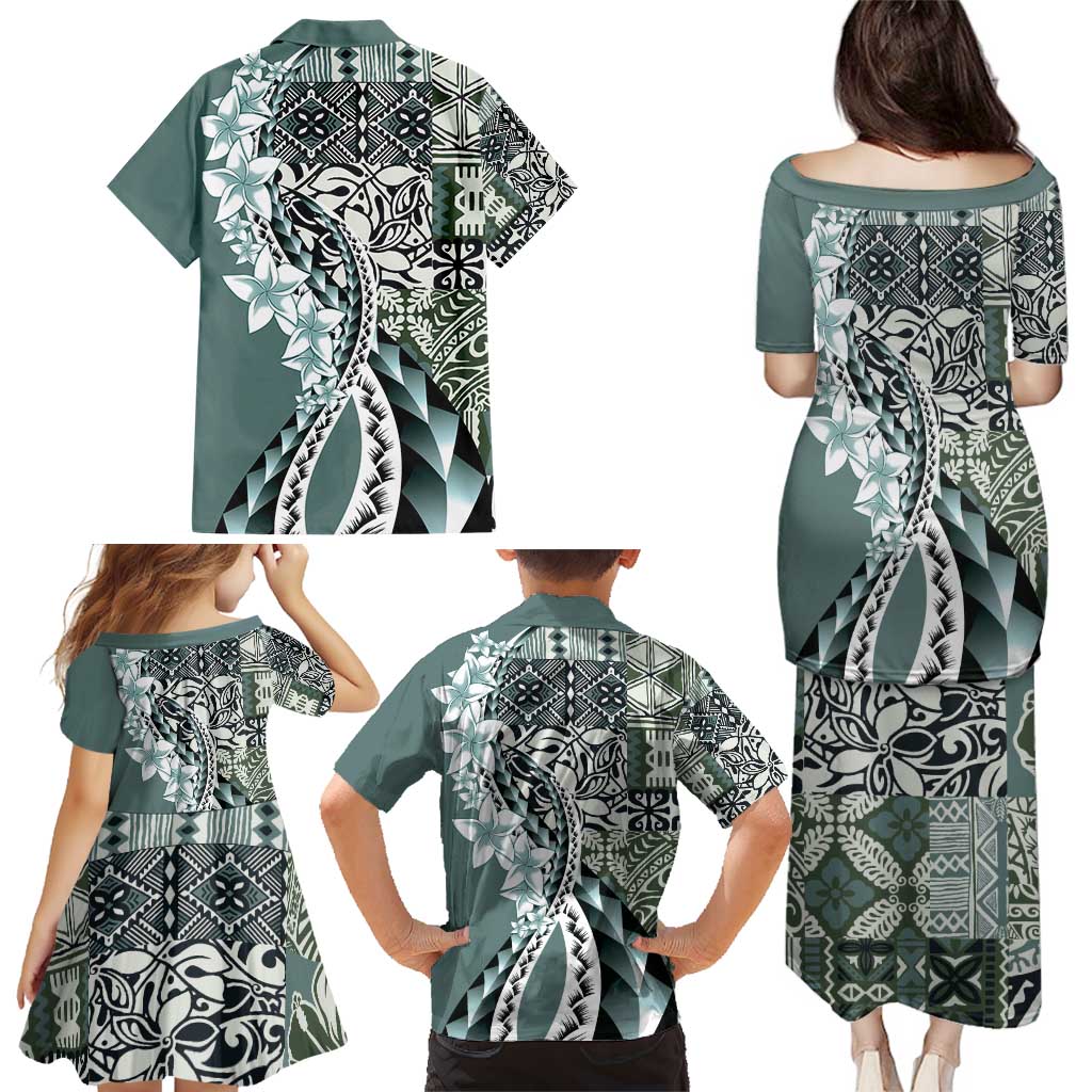 Aloha Vintage Plumeria Hawaiian Tapa Pattern Family Matching Puletasi and Hawaiian Shirt Dark Turquoise Hawaiian Tapa Pattern LT9 - Polynesian Pride