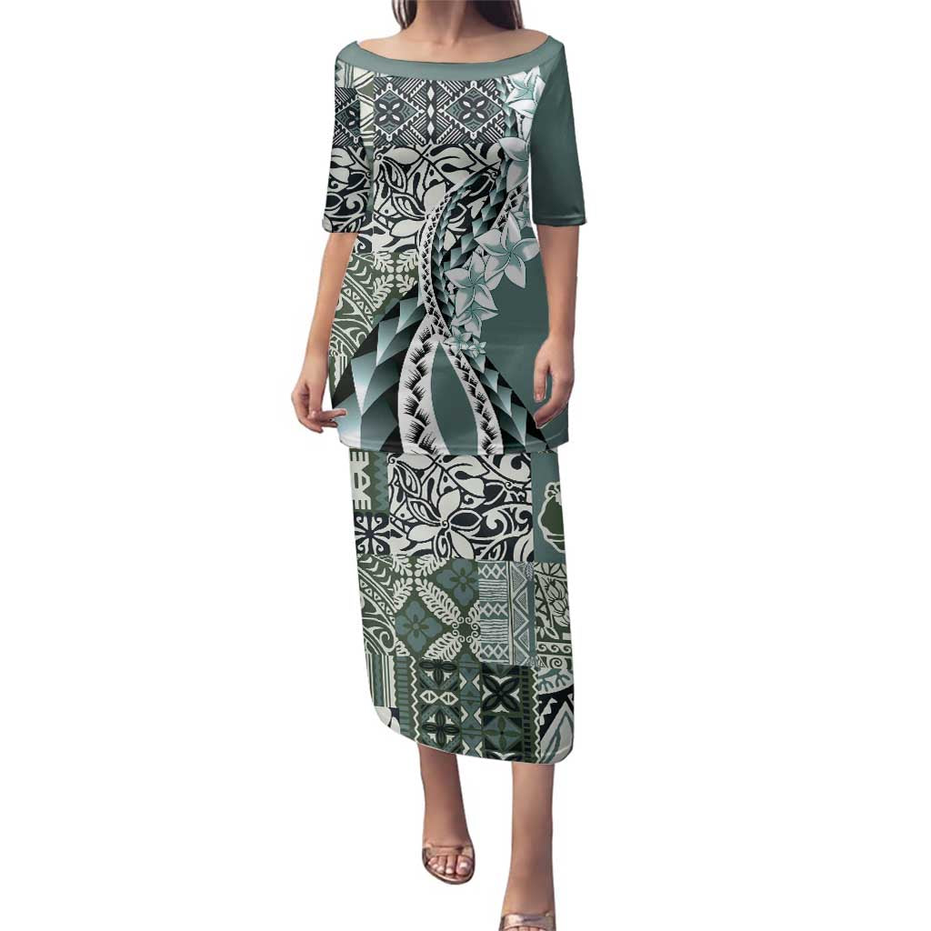 Aloha Vintage Plumeria Hawaiian Tapa Pattern Family Matching Puletasi and Hawaiian Shirt Dark Turquoise Hawaiian Tapa Pattern LT9 Mom's Dress Turquoise - Polynesian Pride