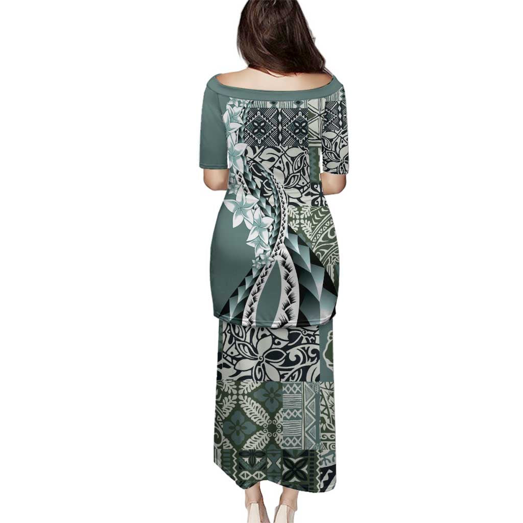 Aloha Vintage Plumeria Hawaiian Tapa Pattern Family Matching Puletasi and Hawaiian Shirt Dark Turquoise Hawaiian Tapa Pattern LT9 - Polynesian Pride