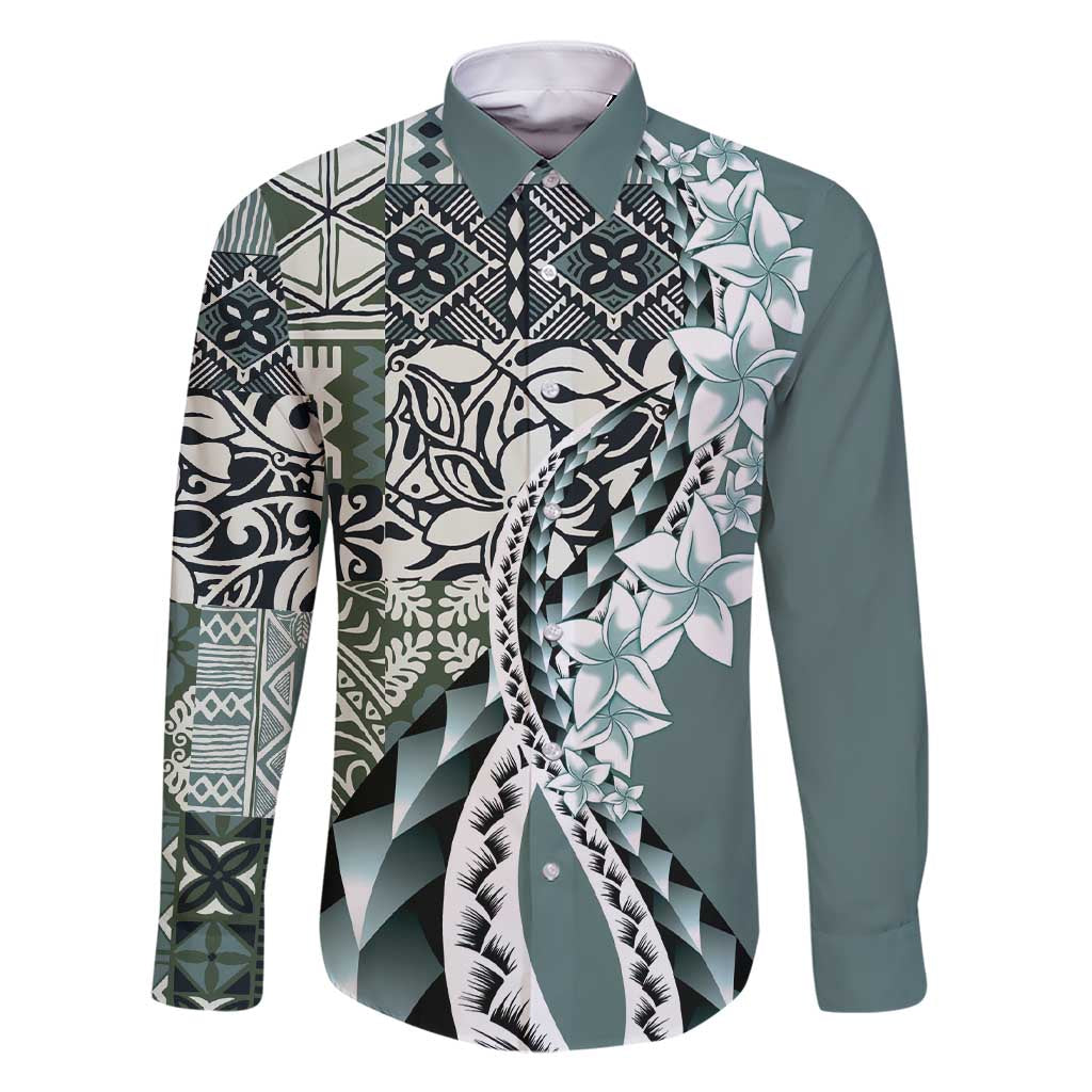 Aloha Vintage Plumeria Hawaiian Tapa Pattern Family Matching Short Sleeve Bodycon Dress and Hawaiian Shirt Dark Turquoise Hawaiian Tapa Pattern LT9 Dad's Shirt - Long Sleeve Turquoise - Polynesian Pride