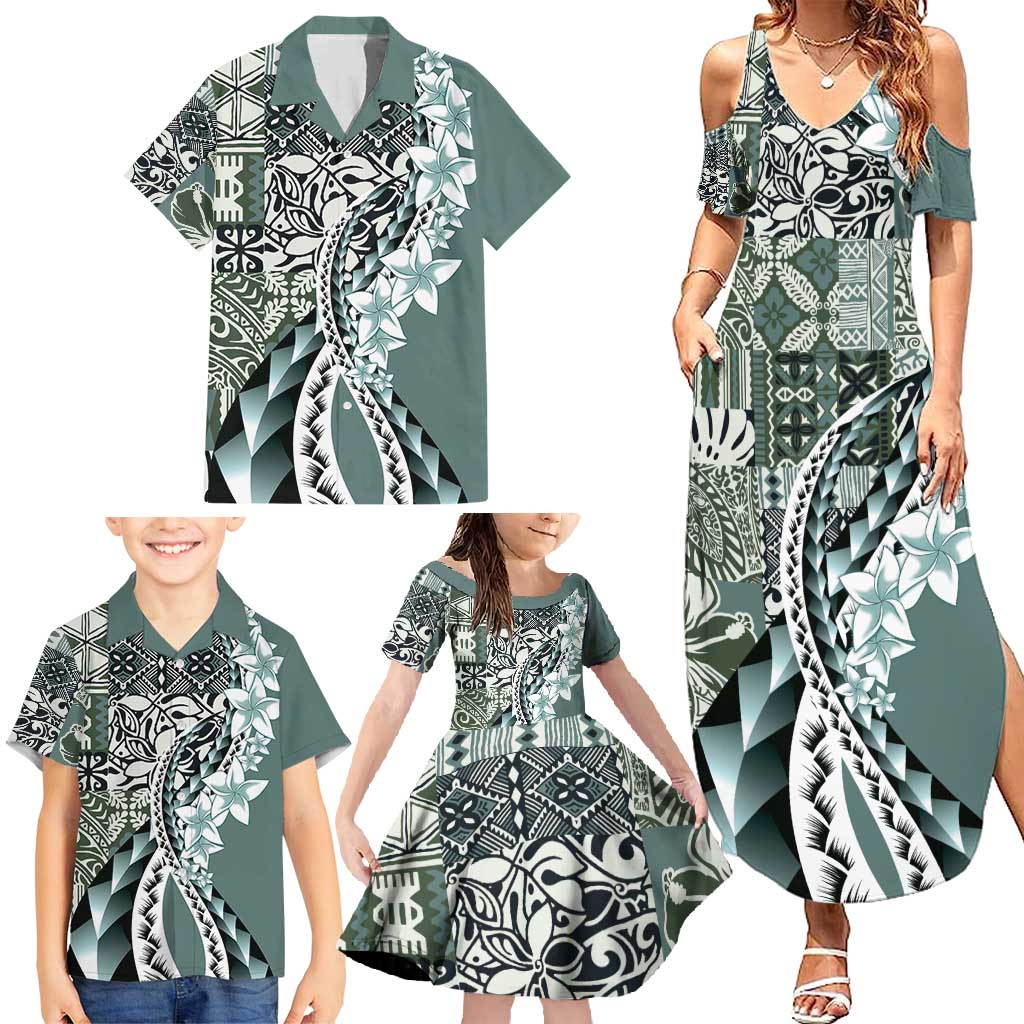 Aloha Vintage Plumeria Hawaiian Tapa Pattern Family Matching Summer Maxi Dress and Hawaiian Shirt Dark Turquoise Hawaiian Tapa Pattern LT9 - Polynesian Pride