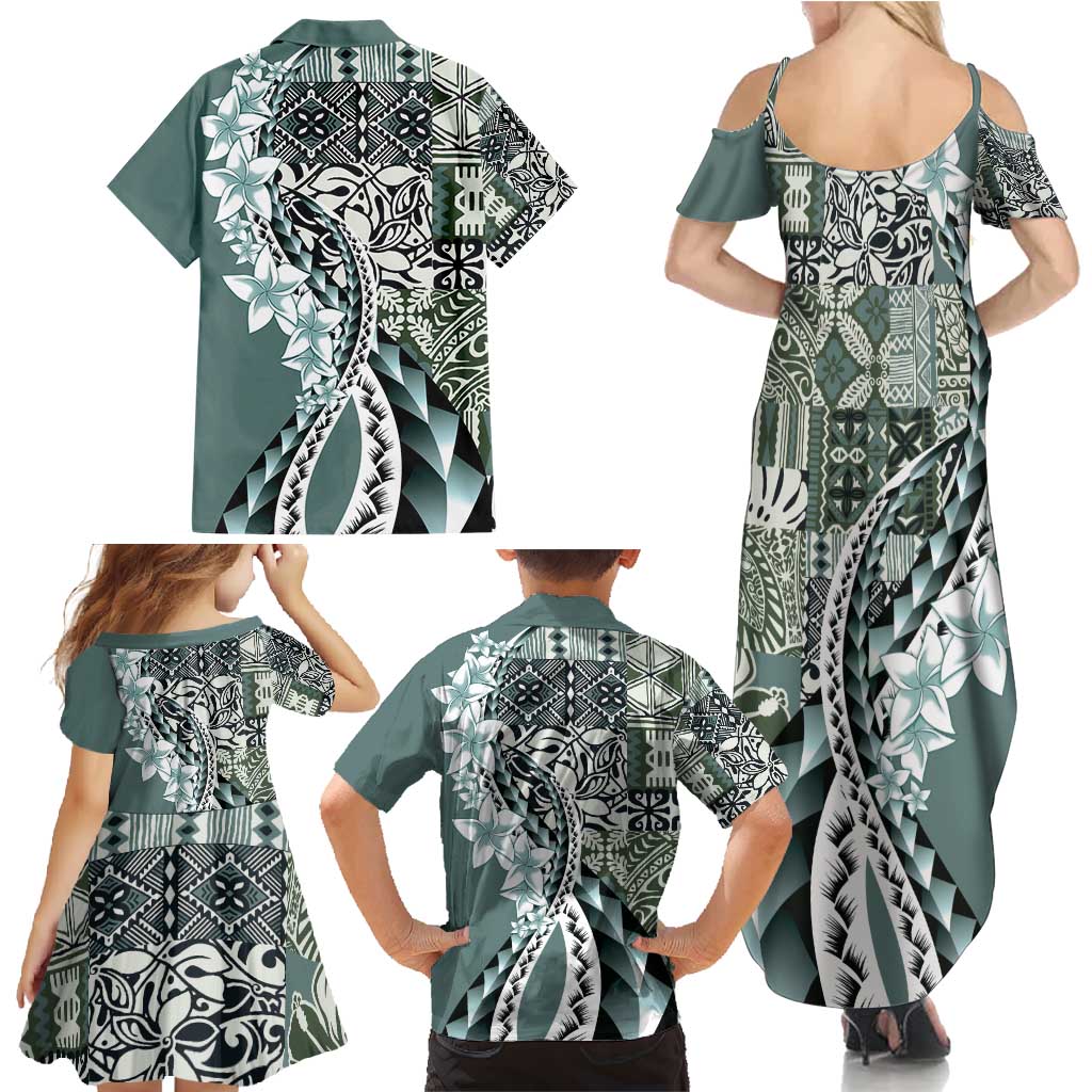 Aloha Vintage Plumeria Hawaiian Tapa Pattern Family Matching Summer Maxi Dress and Hawaiian Shirt Dark Turquoise Hawaiian Tapa Pattern LT9 - Polynesian Pride