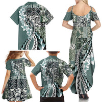 Aloha Vintage Plumeria Hawaiian Tapa Pattern Family Matching Summer Maxi Dress and Hawaiian Shirt Dark Turquoise Hawaiian Tapa Pattern LT9 - Polynesian Pride