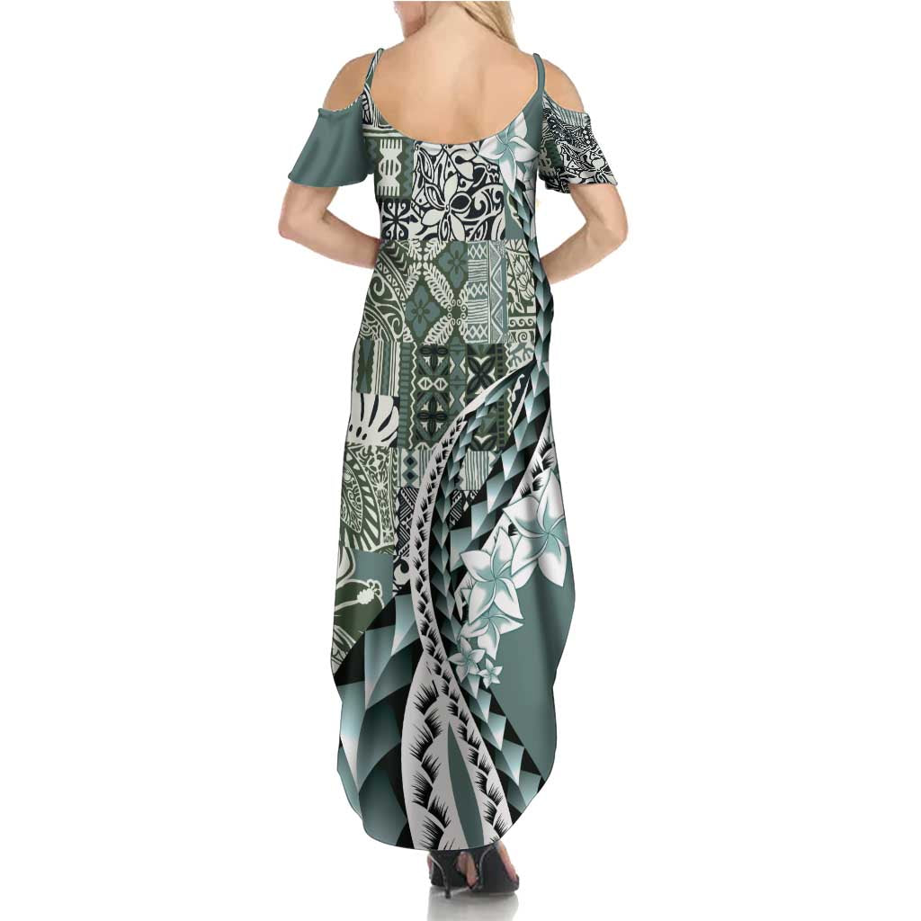 Aloha Vintage Plumeria Hawaiian Tapa Pattern Family Matching Summer Maxi Dress and Hawaiian Shirt Dark Turquoise Hawaiian Tapa Pattern LT9 - Polynesian Pride