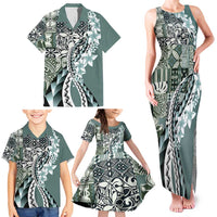 Aloha Vintage Plumeria Hawaiian Tapa Pattern Family Matching Tank Maxi Dress and Hawaiian Shirt Dark Turquoise Hawaiian Tapa Pattern LT9 - Polynesian Pride