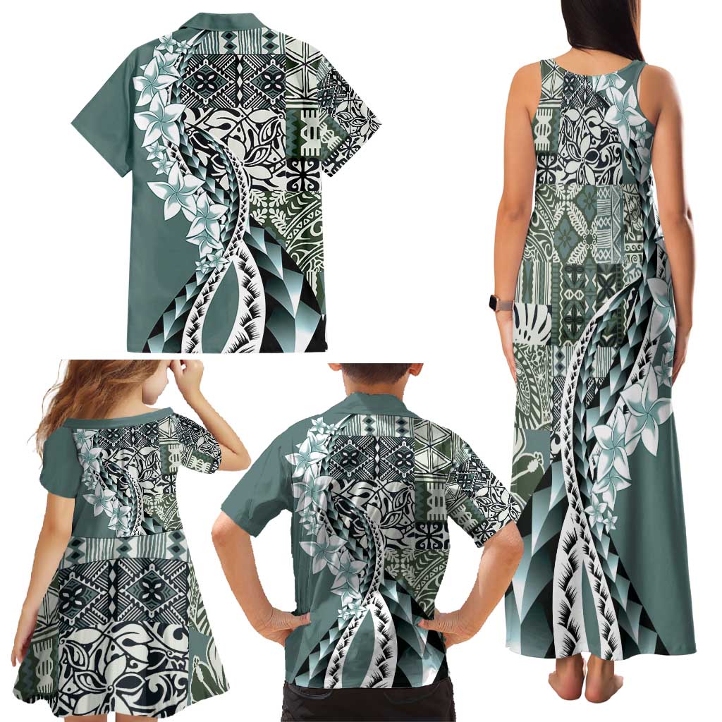 Aloha Vintage Plumeria Hawaiian Tapa Pattern Family Matching Tank Maxi Dress and Hawaiian Shirt Dark Turquoise Hawaiian Tapa Pattern LT9 - Polynesian Pride