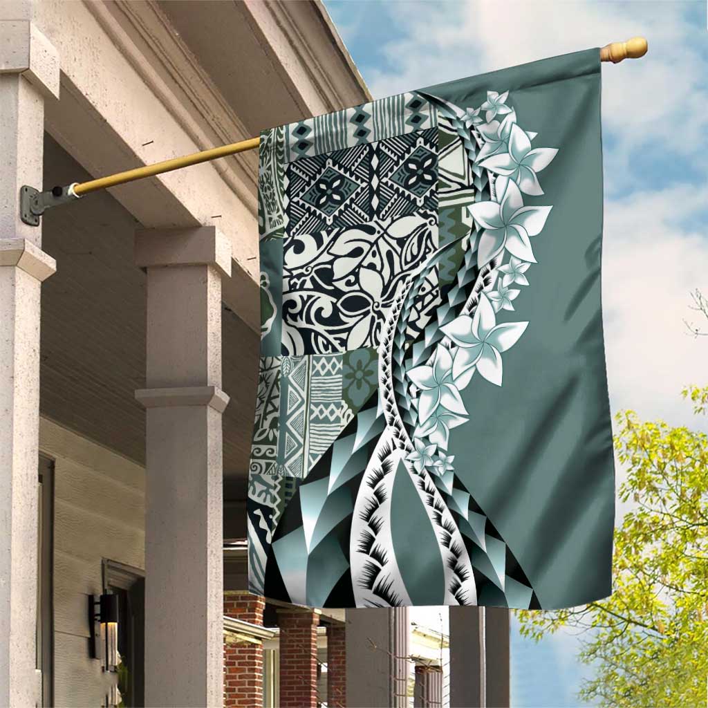 Aloha Vintage Plumeria Hawaiian Tapa Pattern Garden Flag Dark Turquoise Hawaiian Tapa Pattern - Polynesian Pride