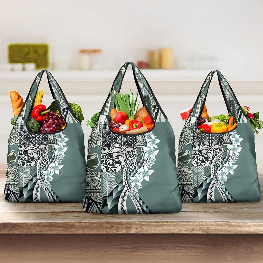 Aloha Vintage Plumeria Hawaiian Tapa Pattern Grocery Bag Dark Turquoise Hawaiian Tapa Pattern - Polynesian Pride