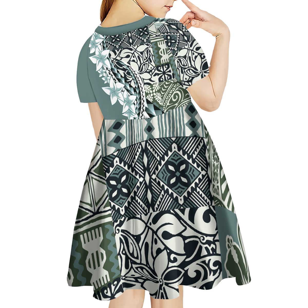 Aloha Vintage Plumeria Hawaiian Tapa Pattern Kid Short Sleeve Dress Dark Turquoise Hawaiian Tapa Pattern - Polynesian Pride