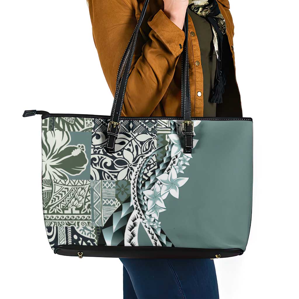 Aloha Vintage Plumeria Hawaiian Tapa Pattern Leather Tote Bag Dark Turquoise Hawaiian Tapa Pattern - Polynesian Pride