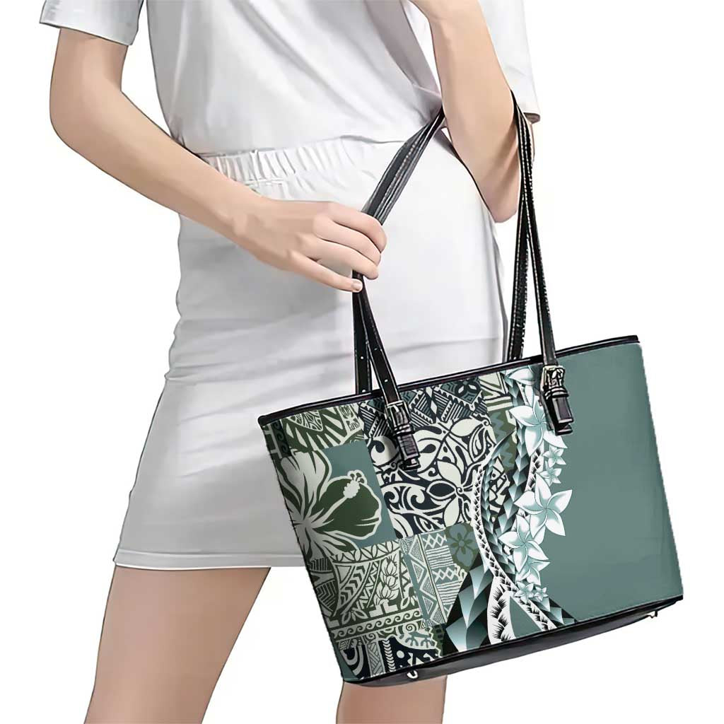 Aloha Vintage Plumeria Hawaiian Tapa Pattern Leather Tote Bag Dark Turquoise Hawaiian Tapa Pattern - Polynesian Pride
