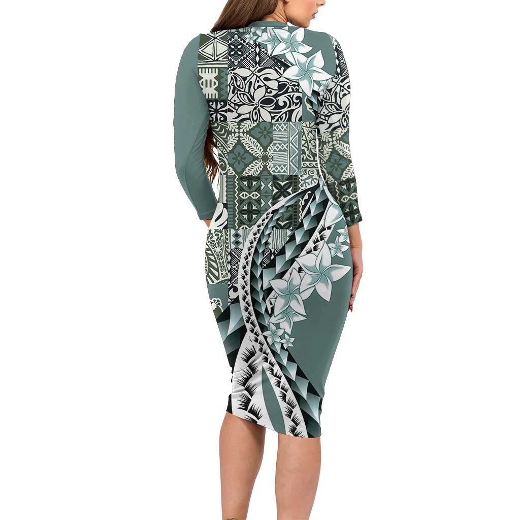 Aloha Vintage Plumeria Hawaiian Tapa Pattern Long Sleeve Bodycon Dress Dark Turquoise Hawaiian Tapa Pattern - Polynesian Pride