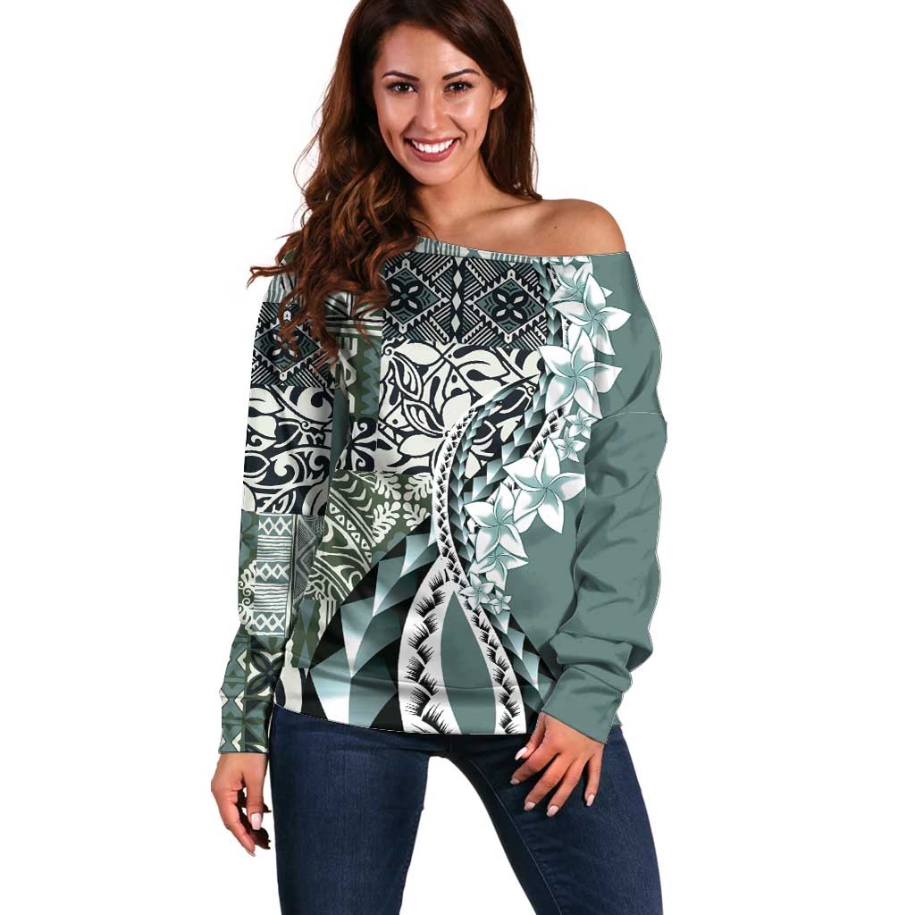 Aloha Vintage Plumeria Hawaiian Tapa Pattern Off Shoulder Sweater Dark Turquoise Hawaiian Tapa Pattern LT9 Women Turquoise - Polynesian Pride