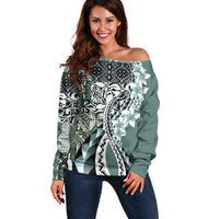 Aloha Vintage Plumeria Hawaiian Tapa Pattern Off Shoulder Sweater Dark Turquoise Hawaiian Tapa Pattern LT9 Women Turquoise - Polynesian Pride