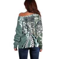 Aloha Vintage Plumeria Hawaiian Tapa Pattern Off Shoulder Sweater Dark Turquoise Hawaiian Tapa Pattern LT9 - Polynesian Pride