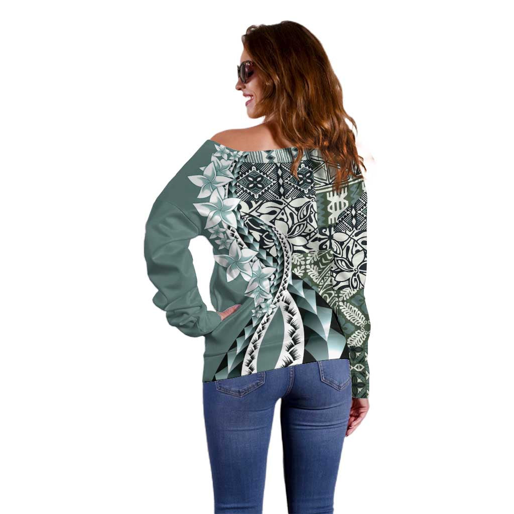 Aloha Vintage Plumeria Hawaiian Tapa Pattern Off Shoulder Sweater Dark Turquoise Hawaiian Tapa Pattern LT9 - Polynesian Pride