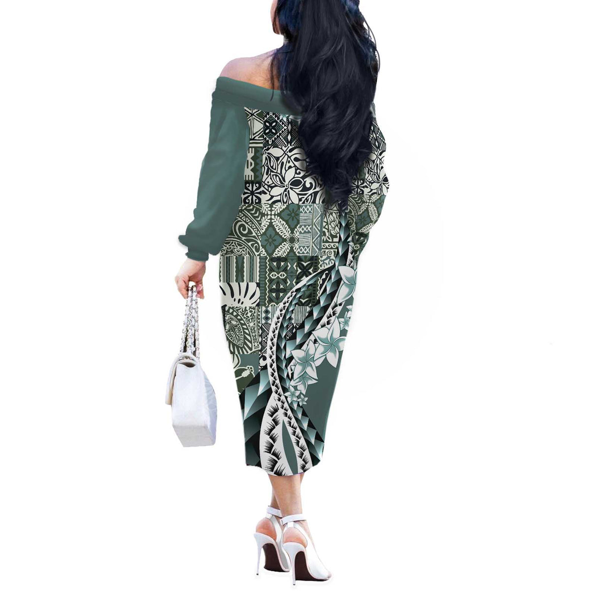 Aloha Vintage Plumeria Hawaiian Tapa Pattern Off The Shoulder Long Sleeve Dress Dark Turquoise Hawaiian Tapa Pattern - Polynesian Pride