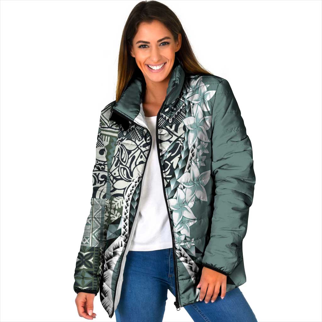 Aloha Vintage Plumeria Hawaiian Tapa Pattern Padded Jacket Dark Turquoise Hawaiian Tapa Pattern - Polynesian Pride
