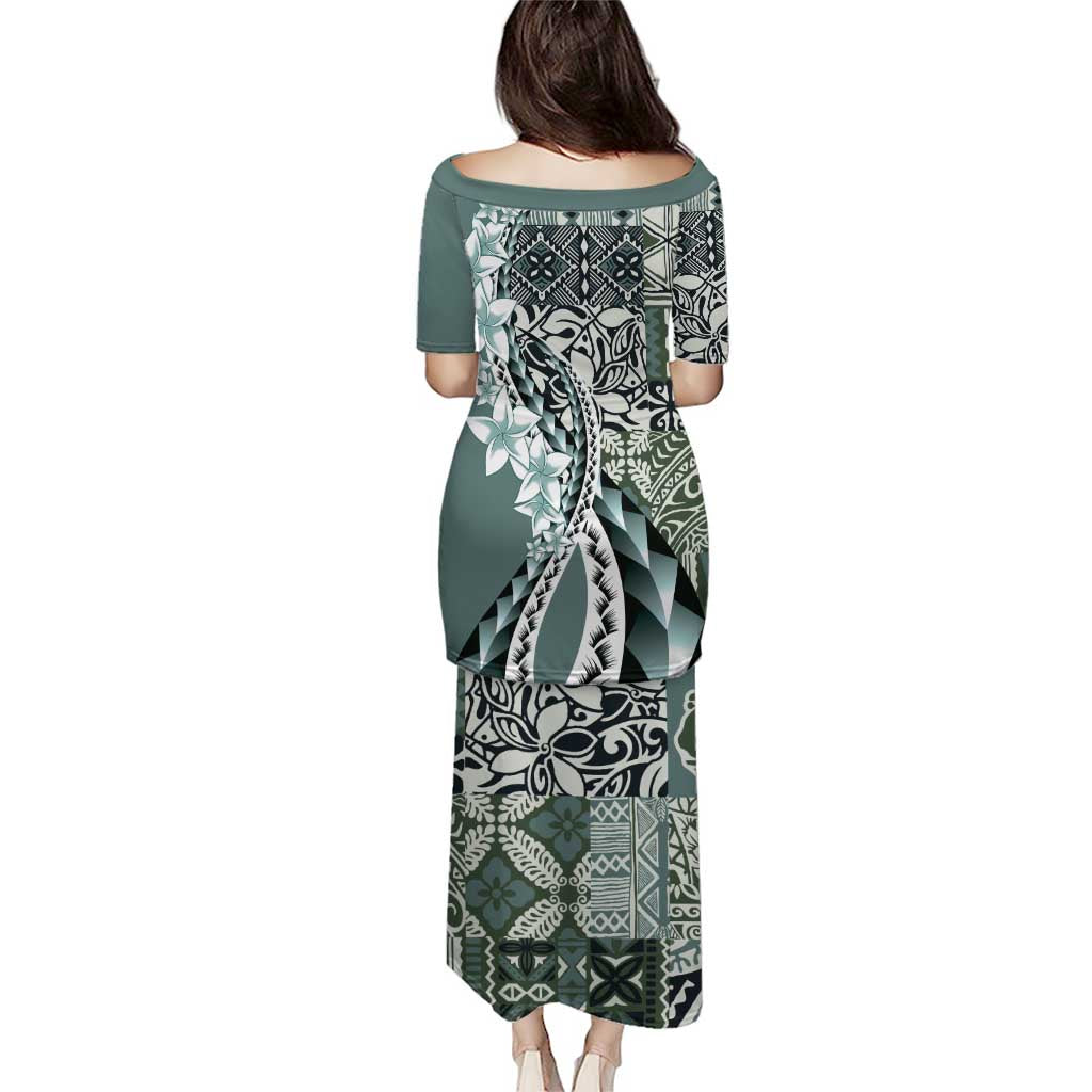 Aloha Vintage Plumeria Hawaiian Tapa Pattern Puletasi Dark Turquoise Hawaiian Tapa Pattern - Polynesian Pride