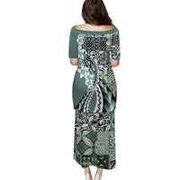 Aloha Vintage Plumeria Hawaiian Tapa Pattern Puletasi Dark Turquoise Hawaiian Tapa Pattern - Polynesian Pride